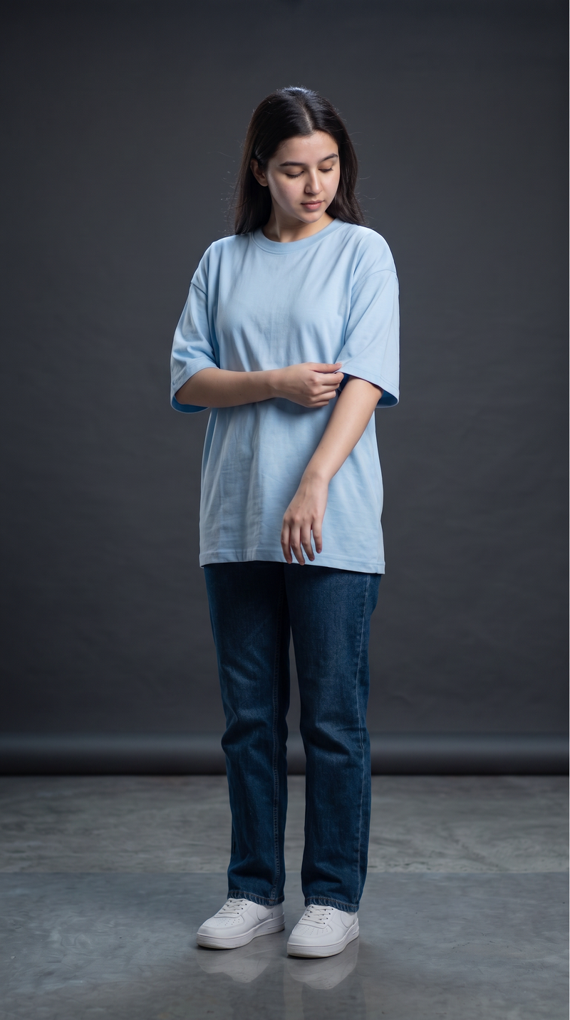 Baby Blue Oversized T-Shirt for Women – 240 GSM Cotton Terry Relaxed Fit Tee