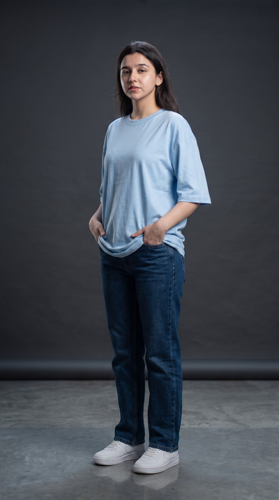 Baby Blue Oversized T-Shirt for Women – 240 GSM Cotton Terry Relaxed Fit Tee