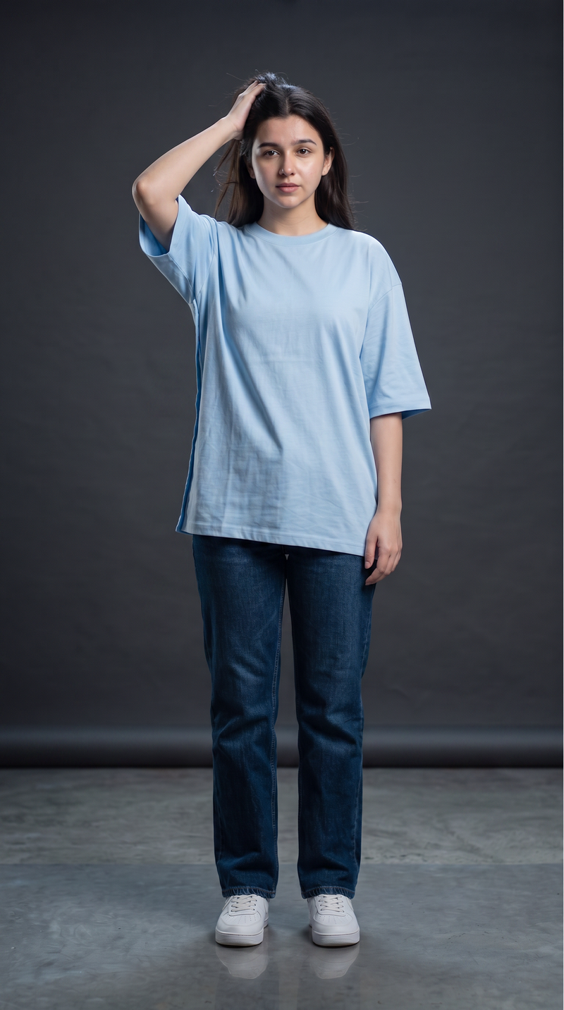 Baby Blue Oversized T-Shirt for Women – 240 GSM Cotton Terry Relaxed Fit Tee