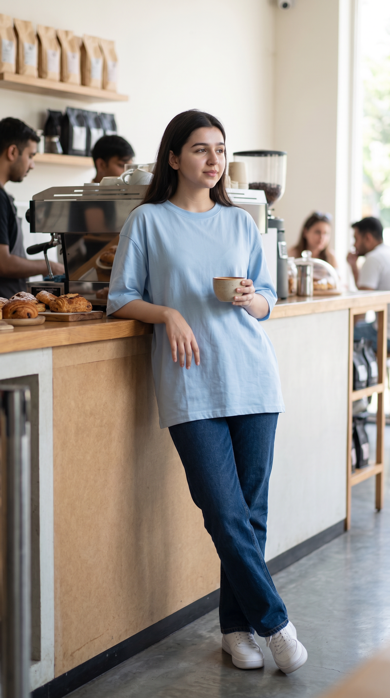 Baby Blue Oversized T-Shirt for Women – 240 GSM Cotton Terry Relaxed Fit Tee