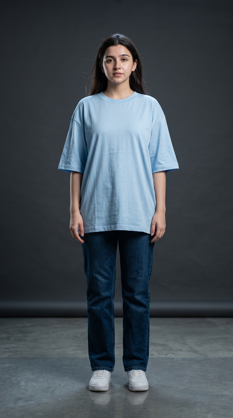 Baby Blue Oversized T-Shirt for Women – 240 GSM Cotton Terry Relaxed Fit Tee