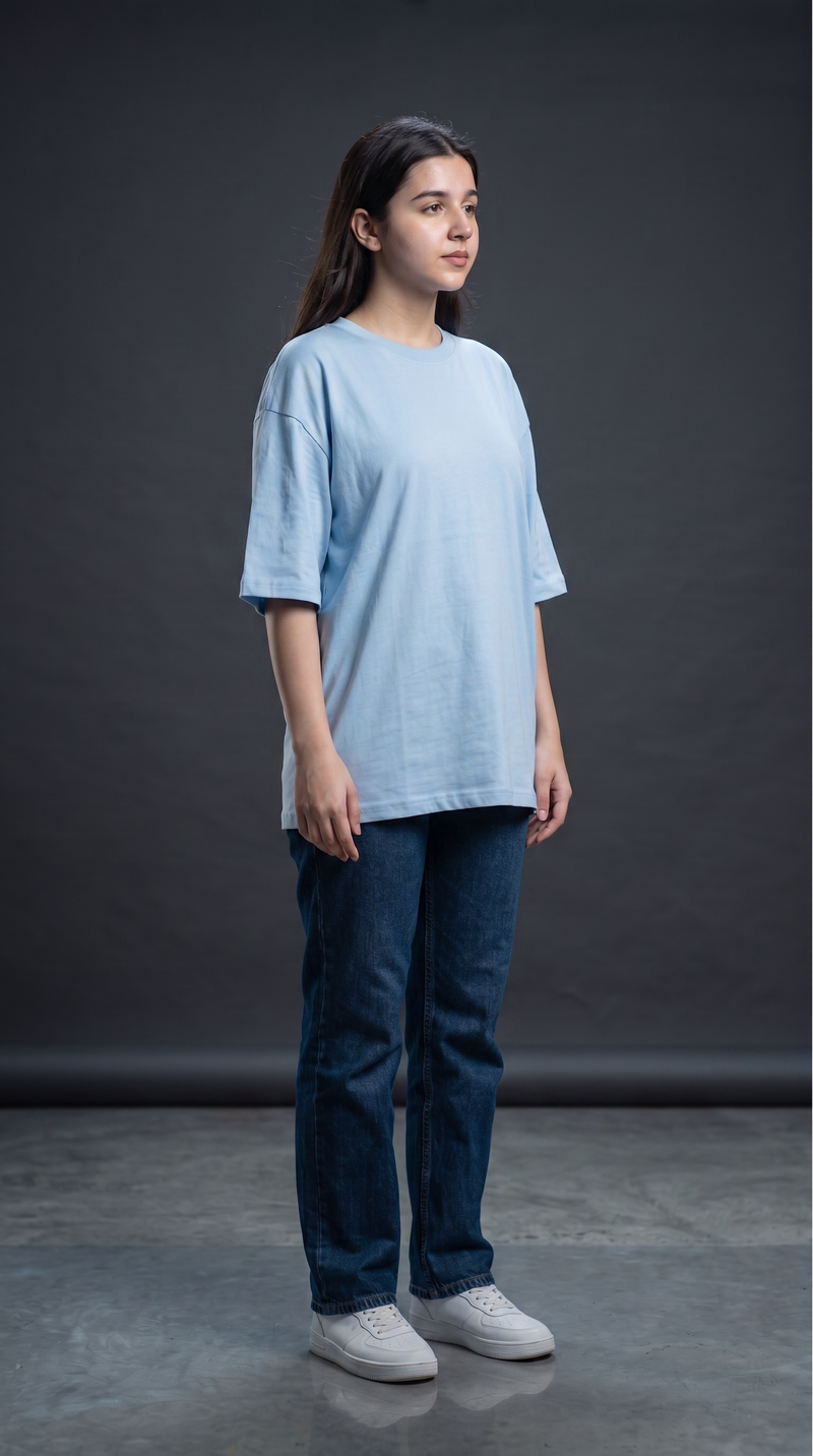 Baby Blue Oversized T-Shirt for Women – 240 GSM Cotton Terry Relaxed Fit Tee