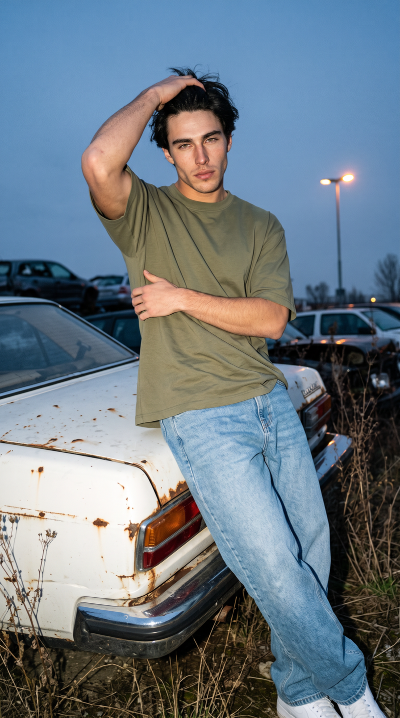 Olive Green Oversized T-Shirt — 240 GSM Cotton Terry Plain Drop Shoulder Tee