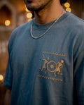 Warli Oversized T-Shirt — Teal Blue 240 GSM Cotton Terry Temple Procession Back Print