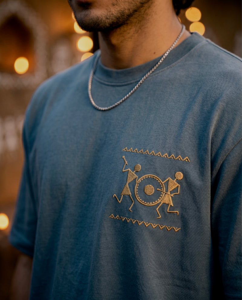 Warli Oversized T-Shirt — Teal Blue 240 GSM Cotton Terry Temple Procession Back Print