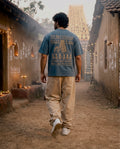 Warli Oversized T-Shirt — Teal Blue 240 GSM Cotton Terry Temple Procession Back Print