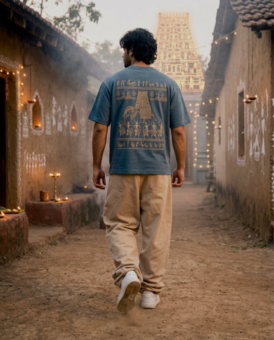 Warli Oversized T-Shirt — Teal Blue 240 GSM Cotton Terry Temple Procession Back Print