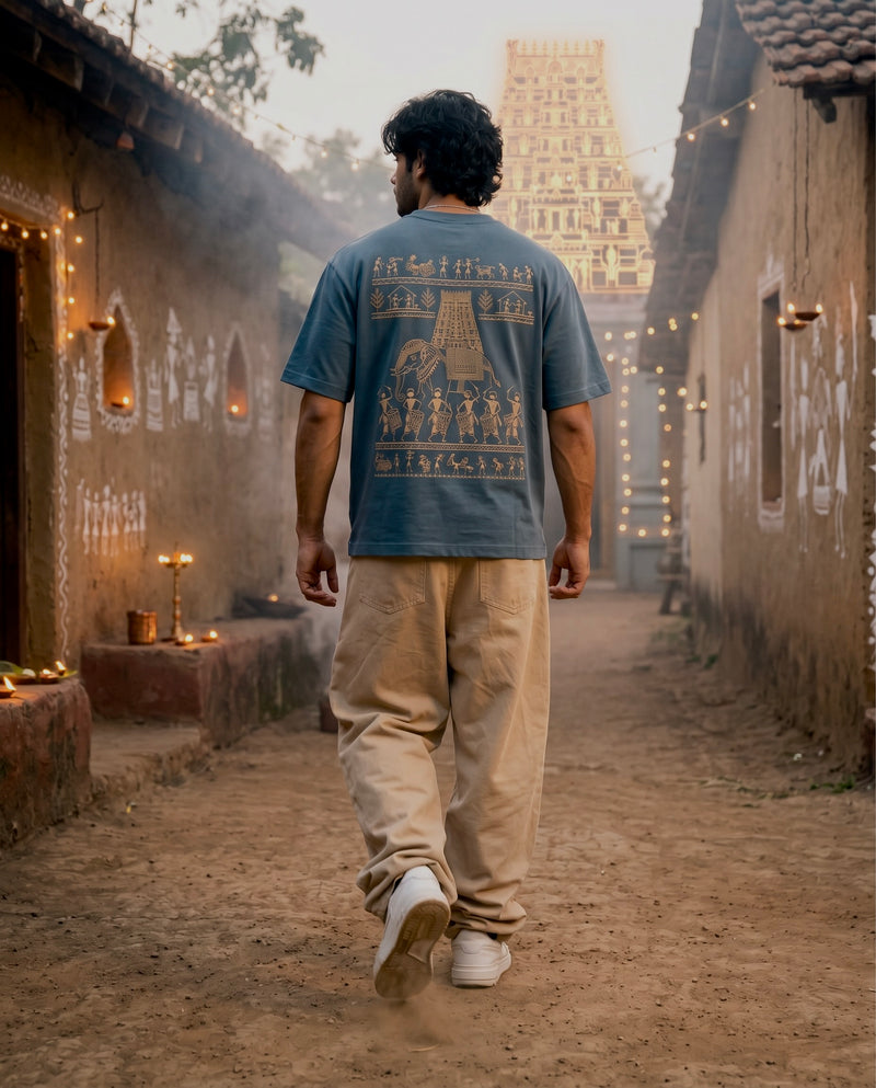 Warli Oversized T-Shirt — Teal Blue 240 GSM Cotton Terry Temple Procession Back Print