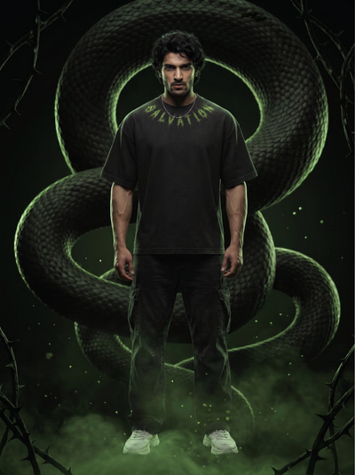 Salvation Oversized T-Shirt — Washed Black 240 GSM Cotton Terry Serpent Back Print