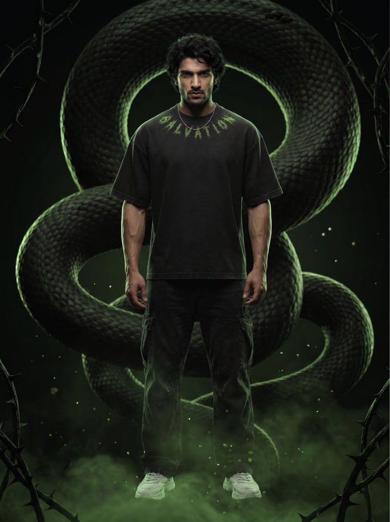Salvation Oversized T-Shirt — Washed Black 240 GSM Cotton Terry Serpent Back Print