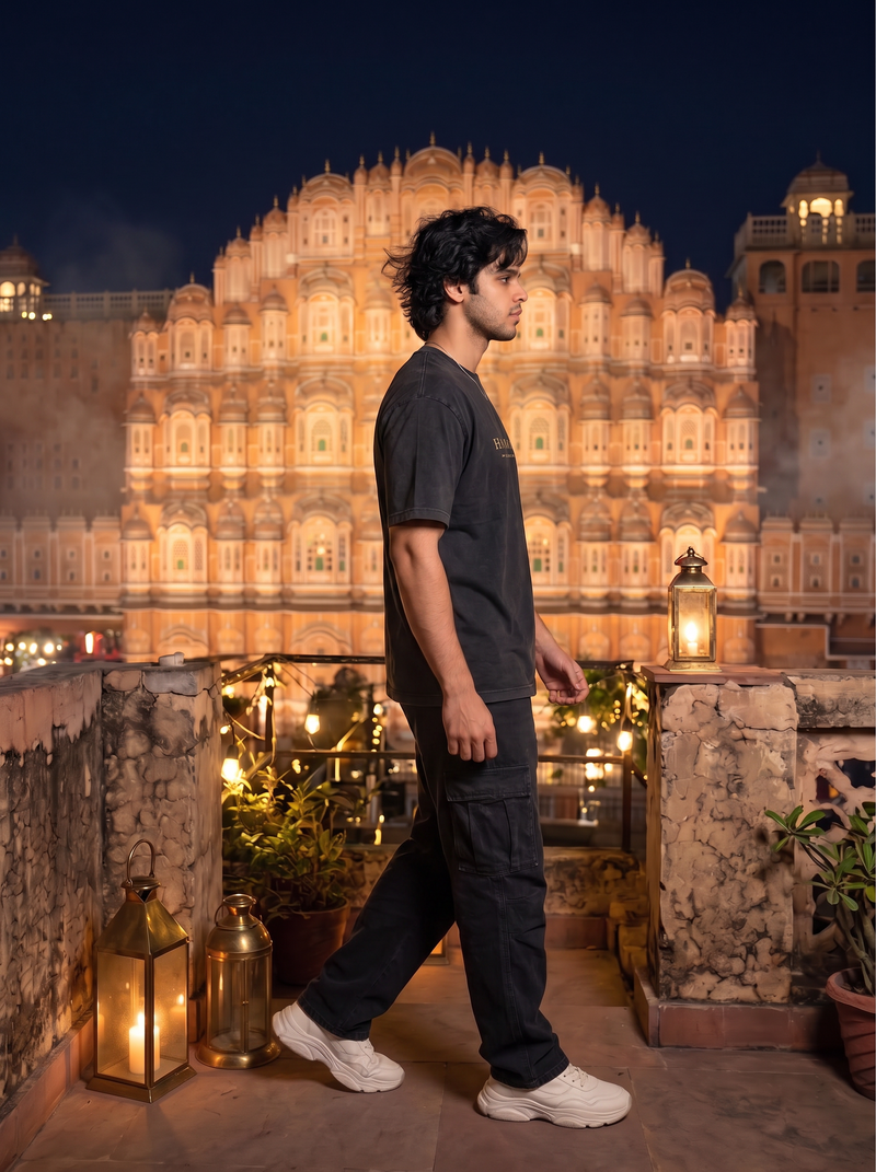 Hawa Mahal Oversized T-Shirt — Washed Black 240 GSM Cotton Terry Krishna Back Print