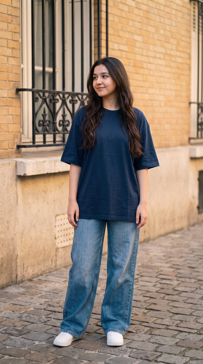 Navy Blue Oversized T-Shirt for Women – 240 GSM Cotton Terry Relaxed Fit Tee