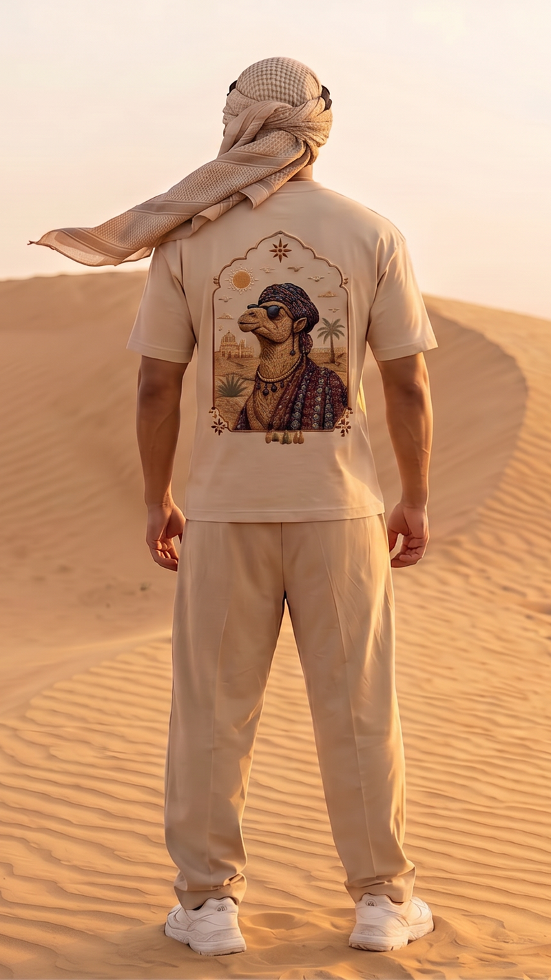 A man stands with his back to the camera in a desert dune, wearing a beige t-shirt with a graphic print of a pharaoh and a matching beige headscarf.