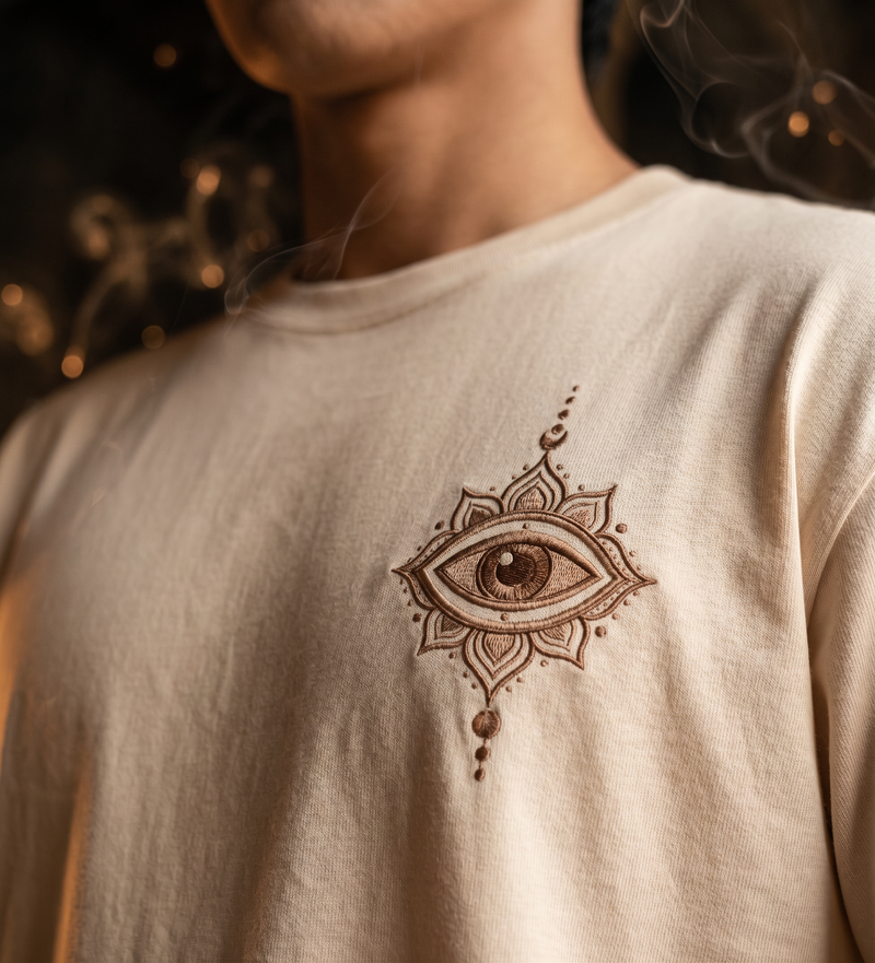 Trinetra Oversized T-Shirt — Off White 240 GSM Cotton Terry Third Eye Lotus Back Embroidery