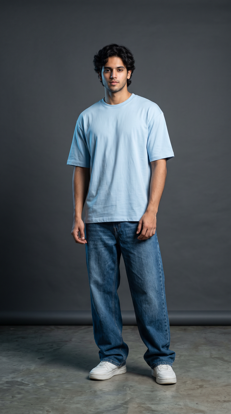 Sky Blue Oversized T-Shirt — 240 GSM Cotton Terry Plain Drop Shoulder Tee