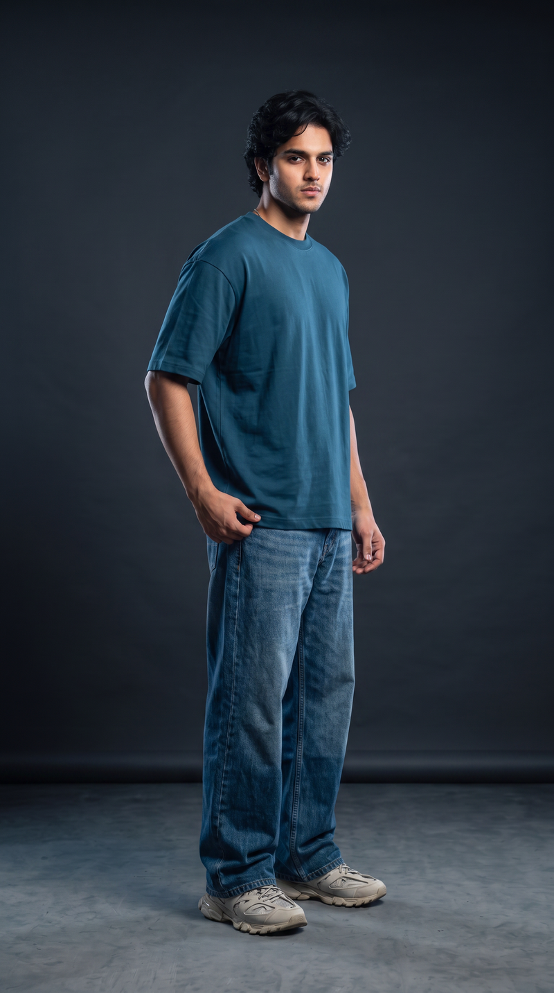 Teal Blue Oversized T-Shirt — 240 GSM Cotton Terry Plain Drop Shoulder Tee