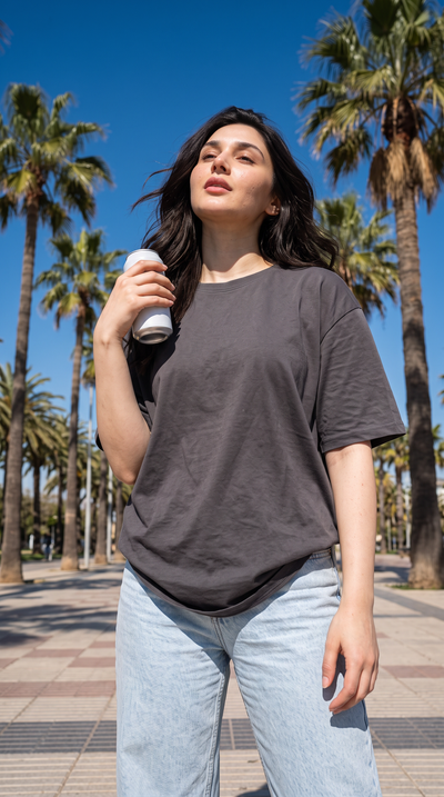 Charcoal Grey Oversized T-Shirt for Women – 240 GSM Cotton Terry Relaxed Fit Tee