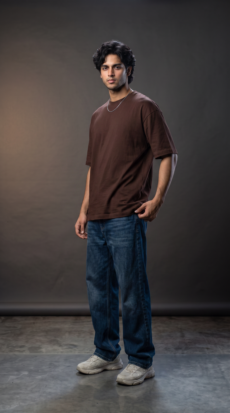 Coffee Brown Oversized T-Shirt — 240 GSM Cotton Terry Plain Drop Shoulder Tee