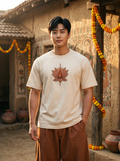 Madhubani Tree of Life Embroidered Oversized T-Shirt — Off White 240 GSM Cotton Terry