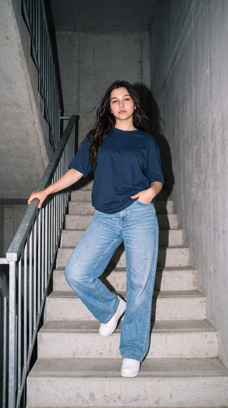 Navy Blue Oversized T-Shirt for Women – 240 GSM Cotton Terry Relaxed Fit Tee