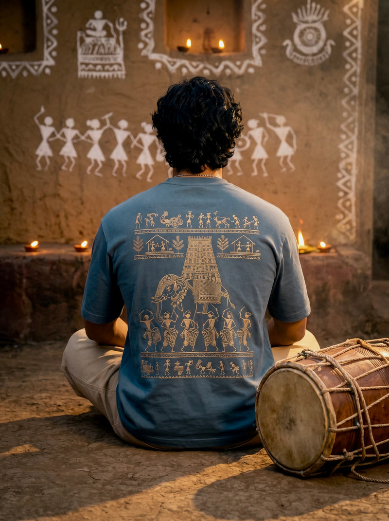 Warli Oversized T-Shirt — Teal Blue 240 GSM Cotton Terry Temple Procession Back Print