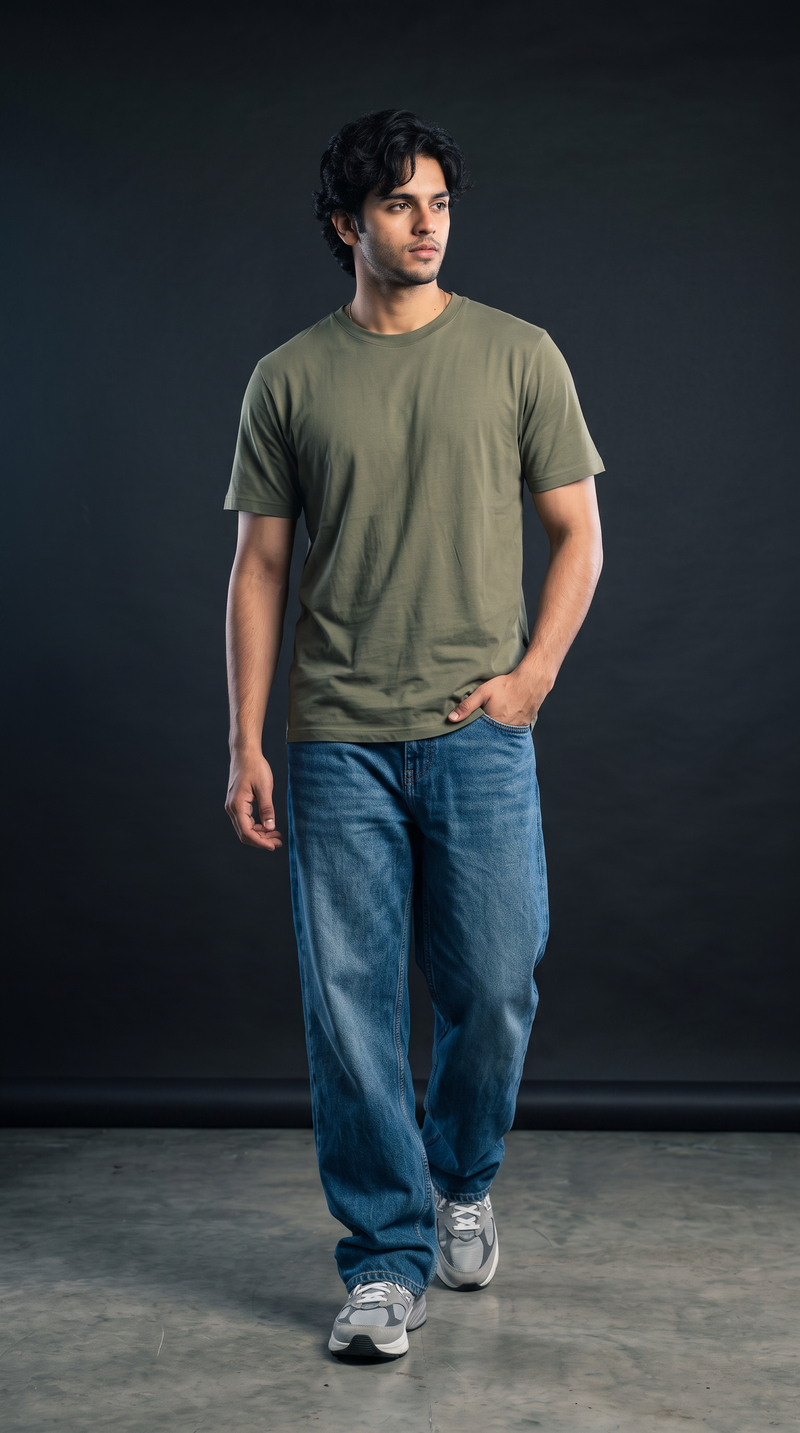 Olive Green Basic T-Shirt — 230 GSM Cotton Sinker Plain Crew Neck Tee