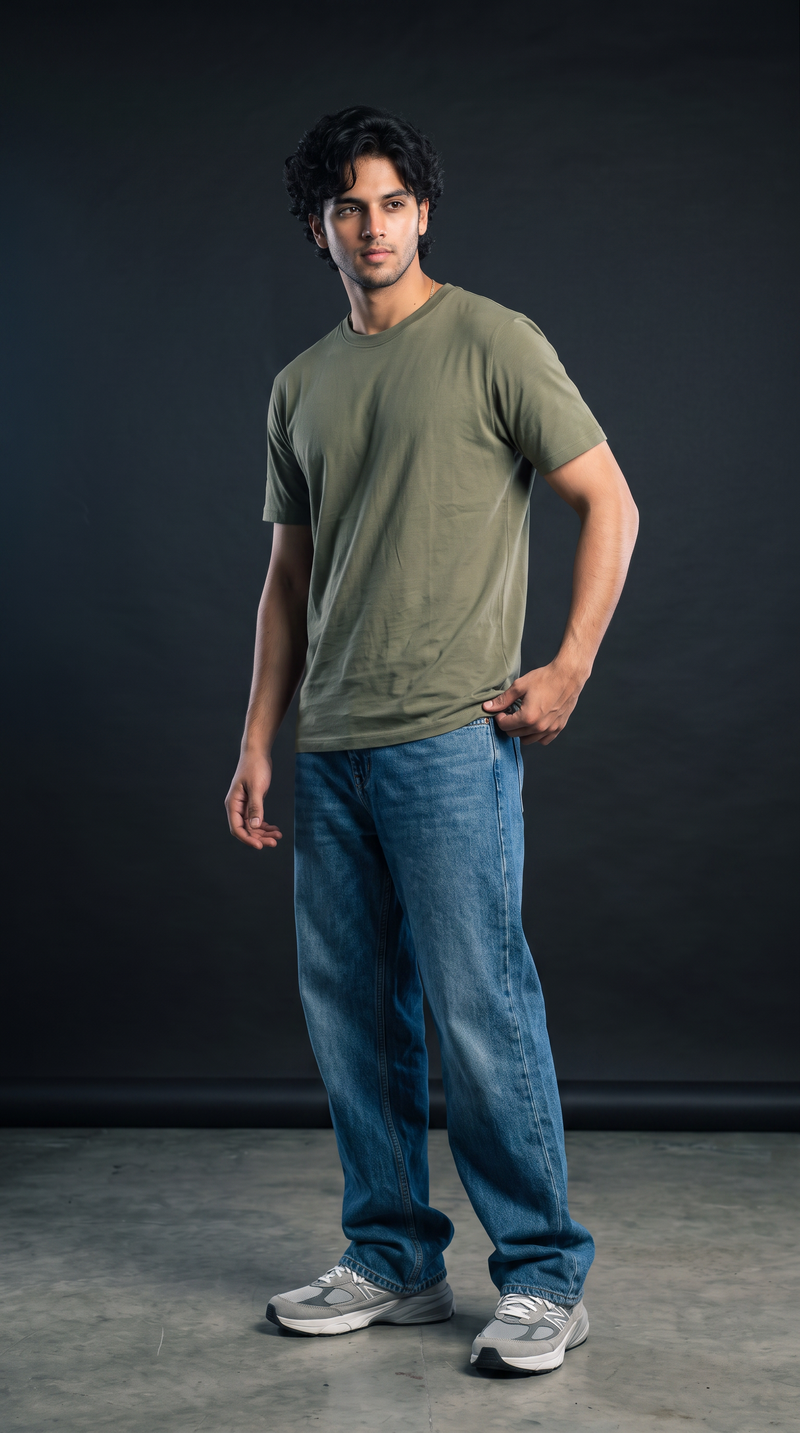 Olive Green Basic T-Shirt — 230 GSM Cotton Sinker Plain Crew Neck Tee