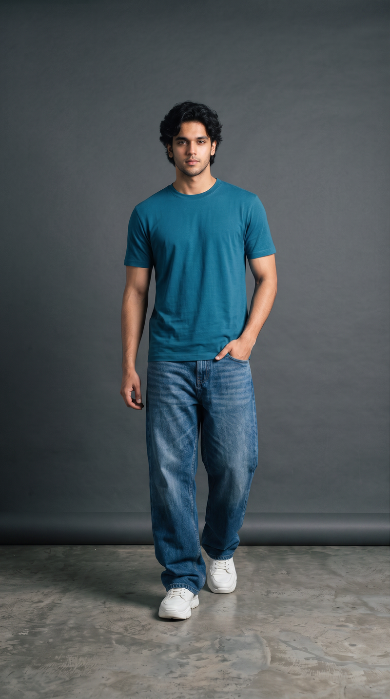 Teal Blue Basic T-Shirt — 230 GSM Cotton Sinker Plain Crew Neck Tee