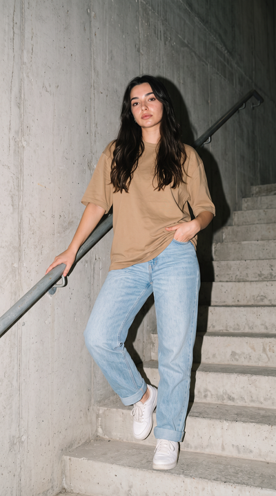 Beige Oversized T-Shirt for Women – 240 GSM Cotton Terry Relaxed Fit Tee