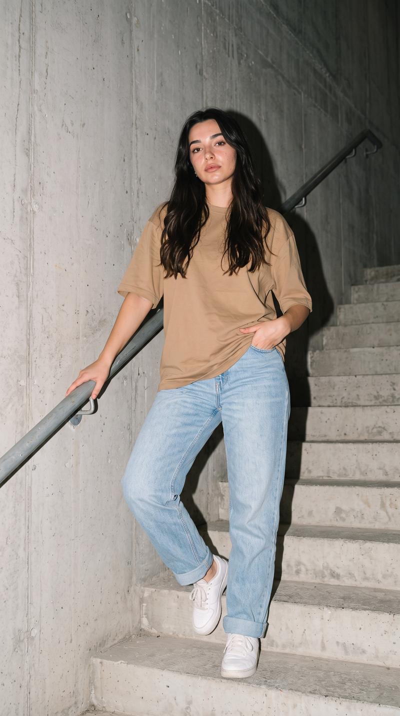 Beige Oversized T-Shirt for Women – 240 GSM Cotton Terry Relaxed Fit Tee