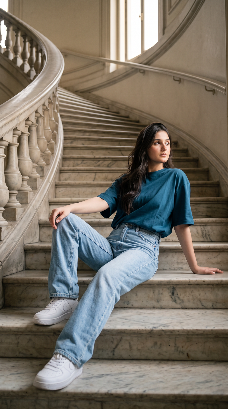 Teal Blue Oversized T-Shirt for Women – 240 GSM Cotton Terry Relaxed Fit Tee