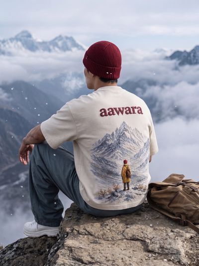 Aawara Embroidered Oversized T-Shirt — Off White 240 GSM Cotton Terry Mountain Back Embroidery