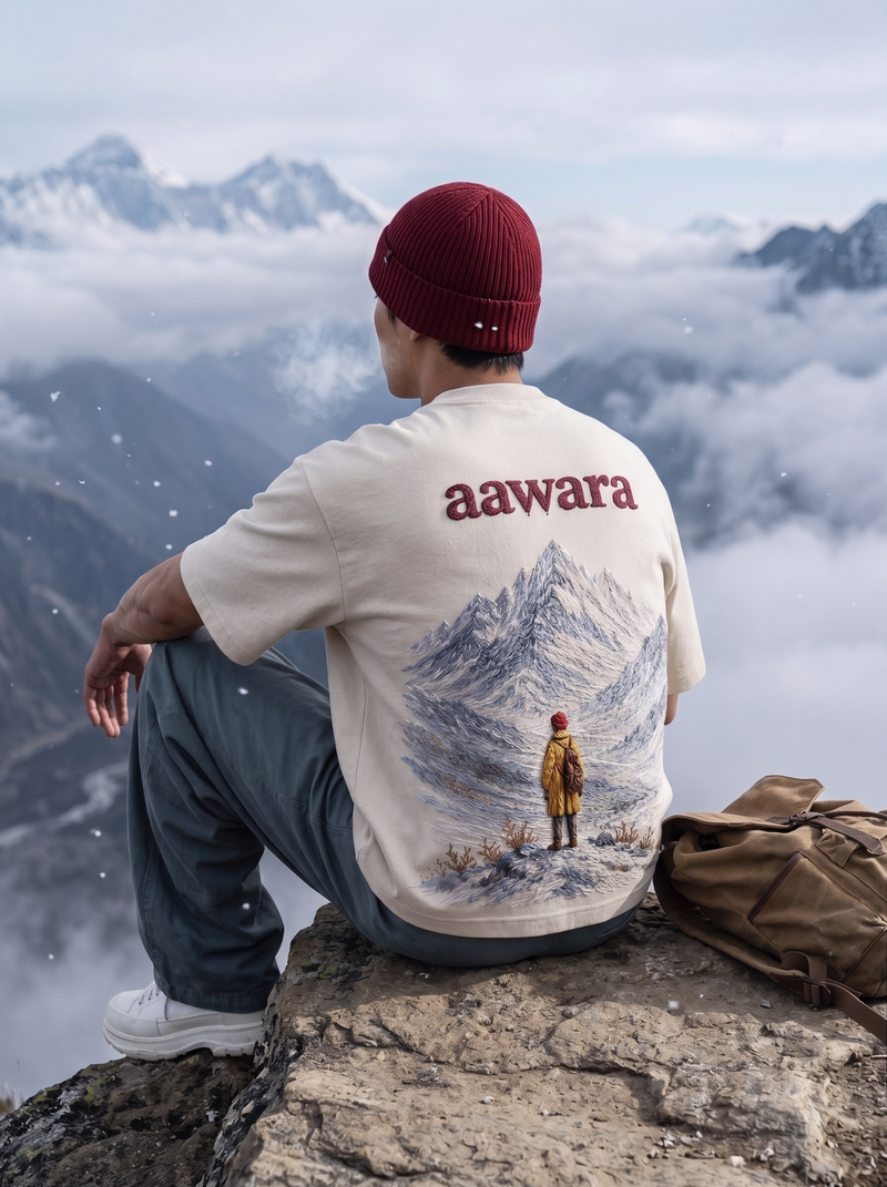 Aawara Embroidered Oversized T-Shirt — Off White 240 GSM Cotton Terry Mountain Back Embroidery