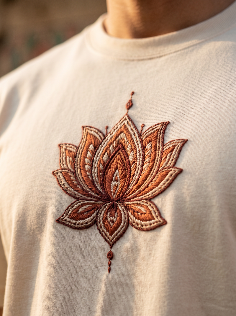 Madhubani Tree of Life Embroidered Oversized T-Shirt — Off White 240 GSM Cotton Terry