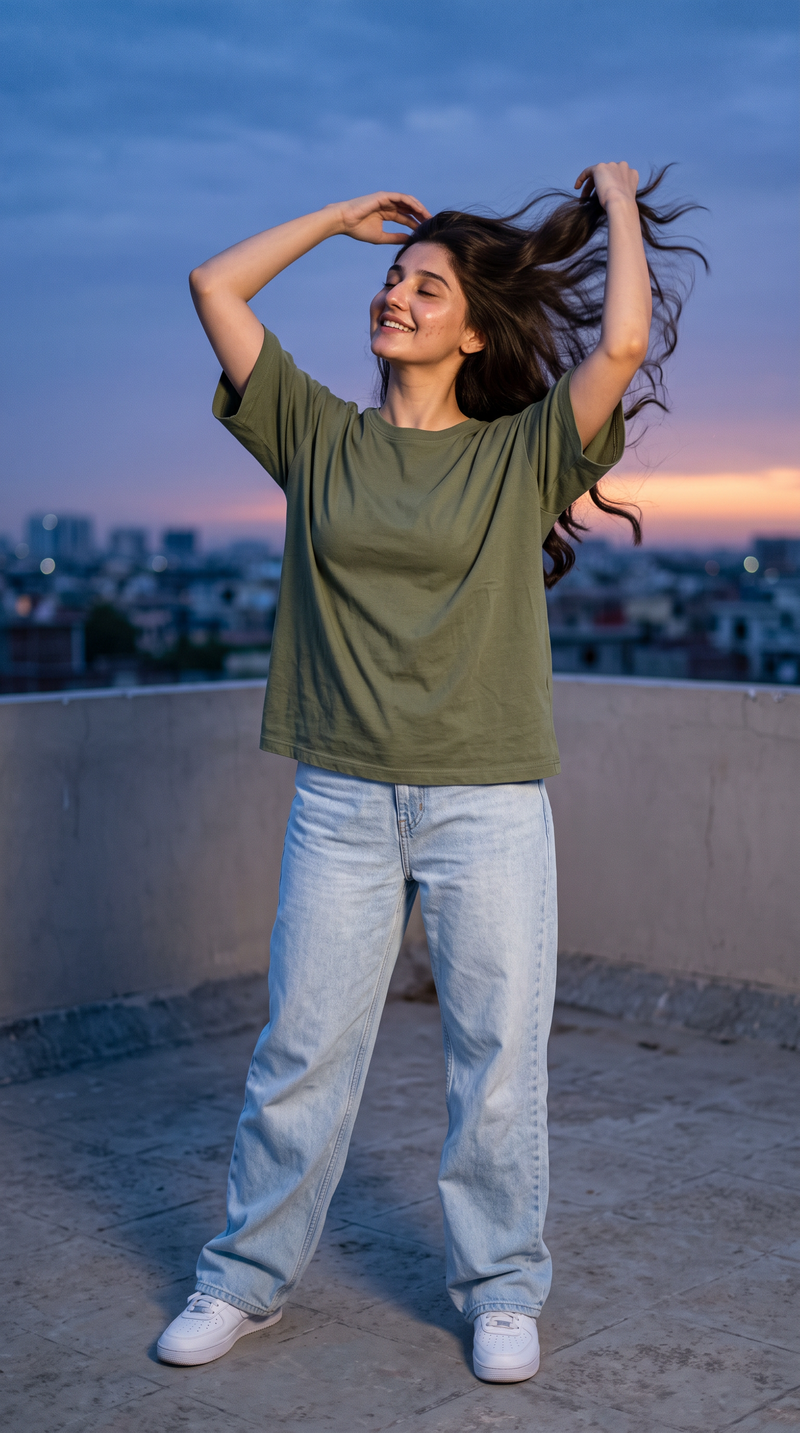 Olive Green Oversized T-Shirt for Women – 240 GSM Cotton Terry Relaxed Fit Tee