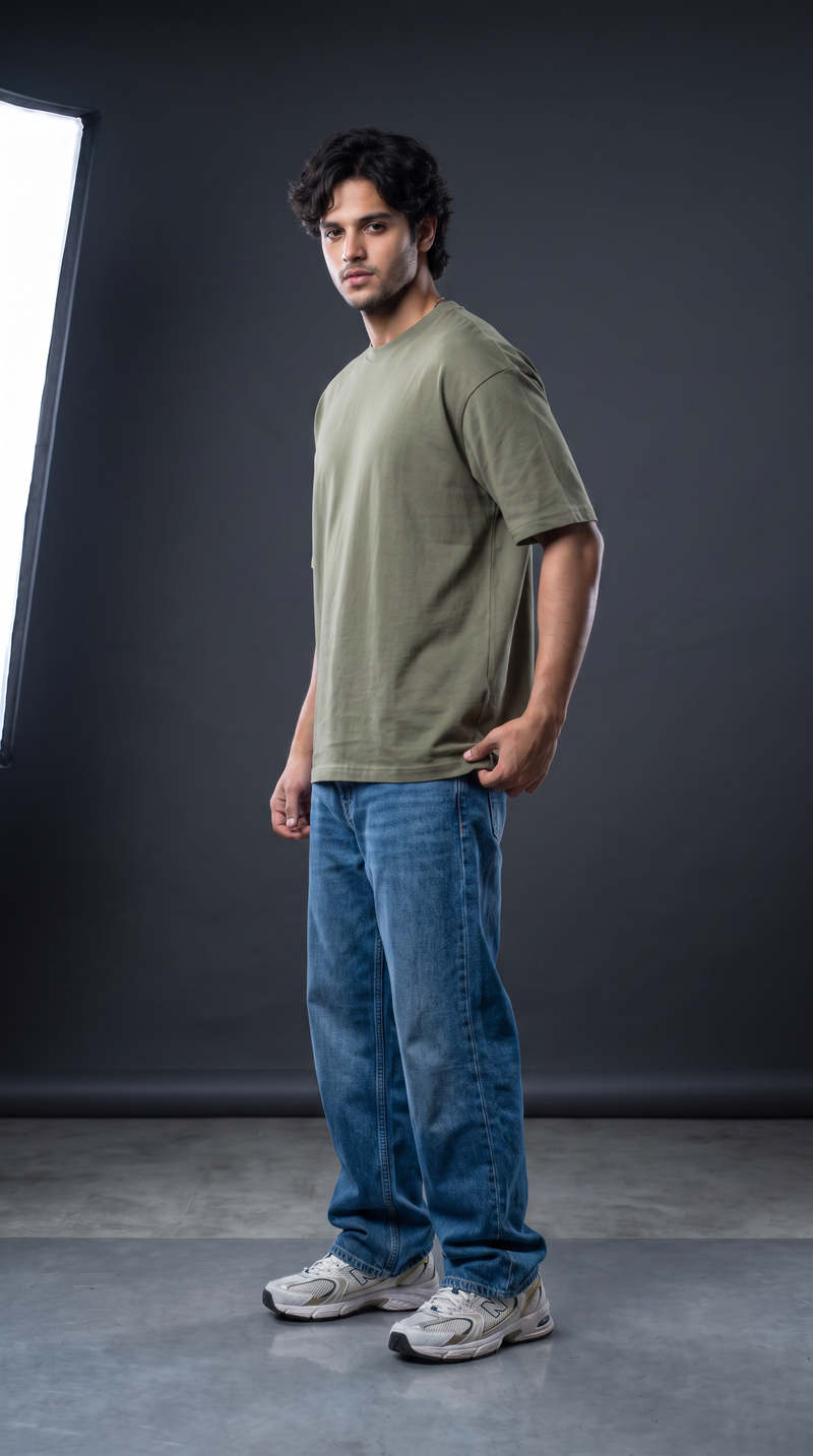 Olive Green Oversized T-Shirt — 240 GSM Cotton Terry Plain Drop Shoulder Tee