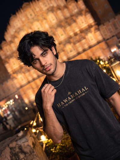 Hawa Mahal Oversized T-Shirt — Washed Black 240 GSM Cotton Terry Krishna Back Print