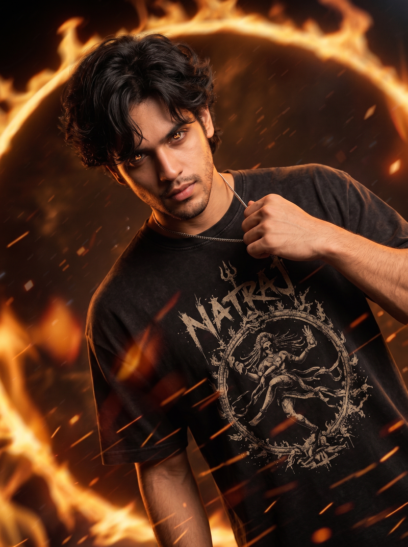 Nataraj Oversized T-Shirt — Washed Black 240 GSM Cotton Terry Shiva Tandava Front Print