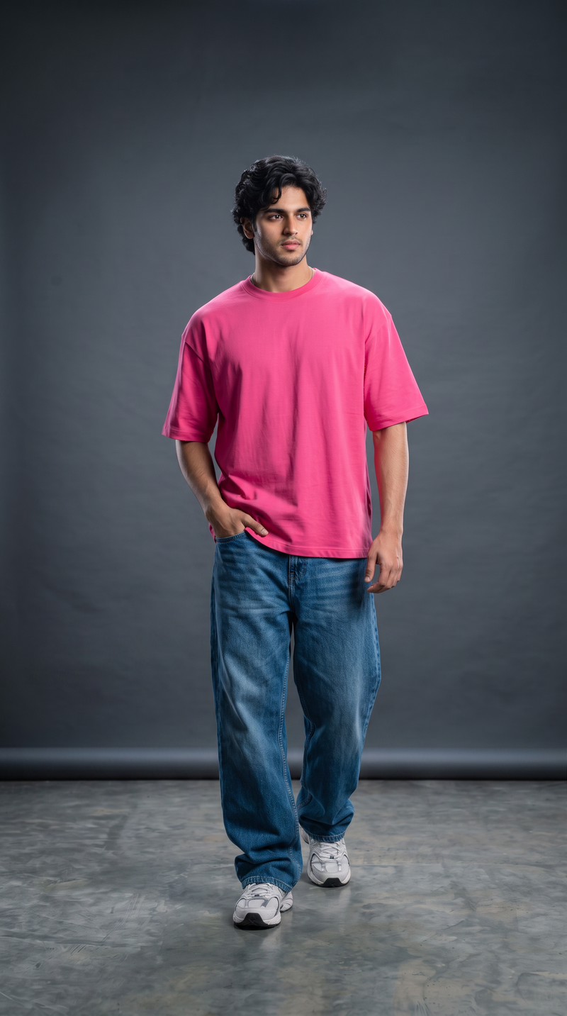Hot Pink Oversized T-Shirt — 240 GSM Cotton Terry Plain Drop Shoulder Tee