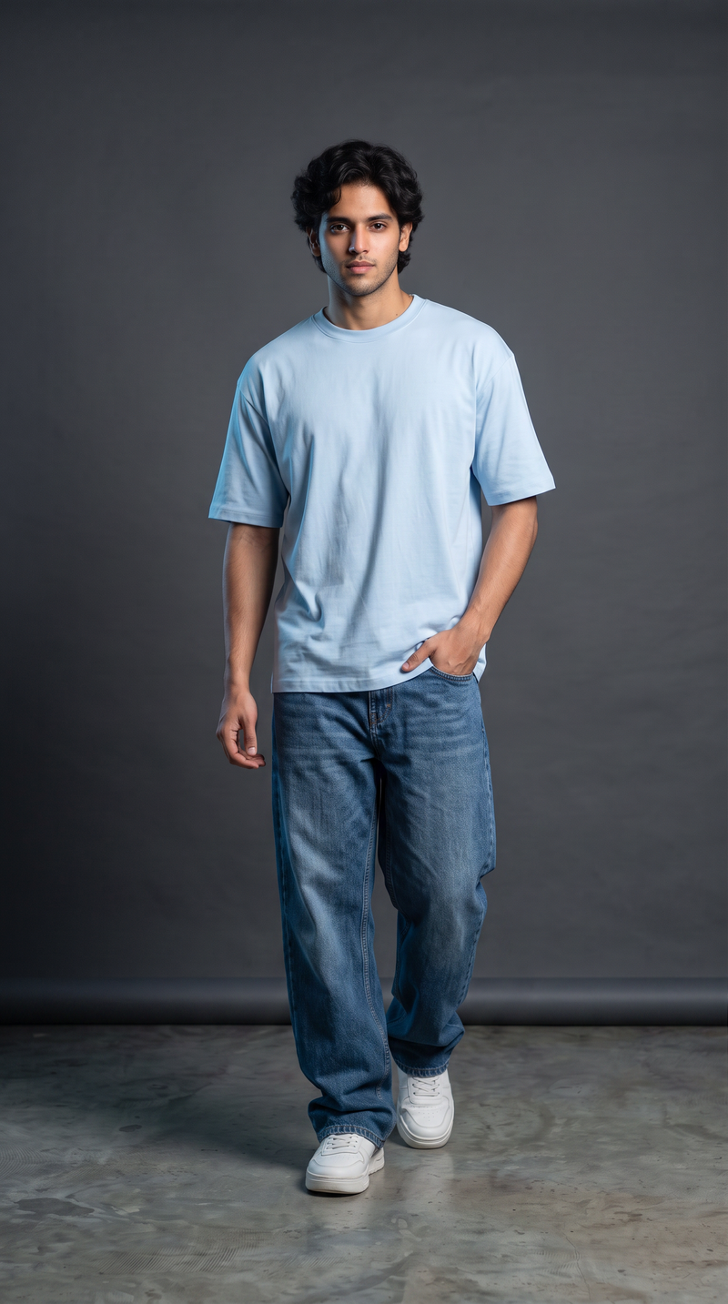 Sky Blue Oversized T-Shirt — 240 GSM Cotton Terry Plain Drop Shoulder Tee