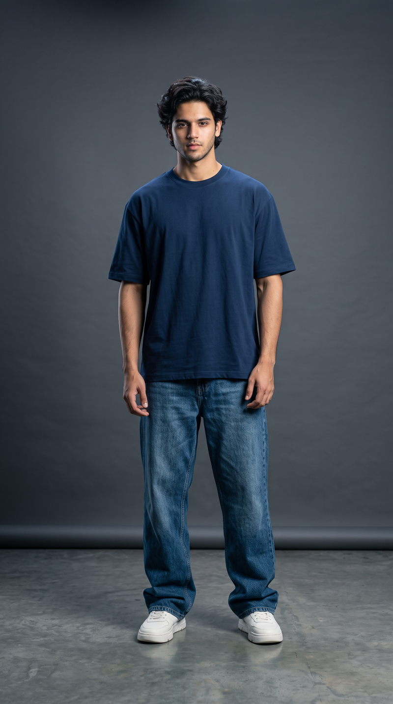 Navy Blue Oversized T-Shirt — 240 GSM Cotton Terry Plain Drop Shoulder Tee