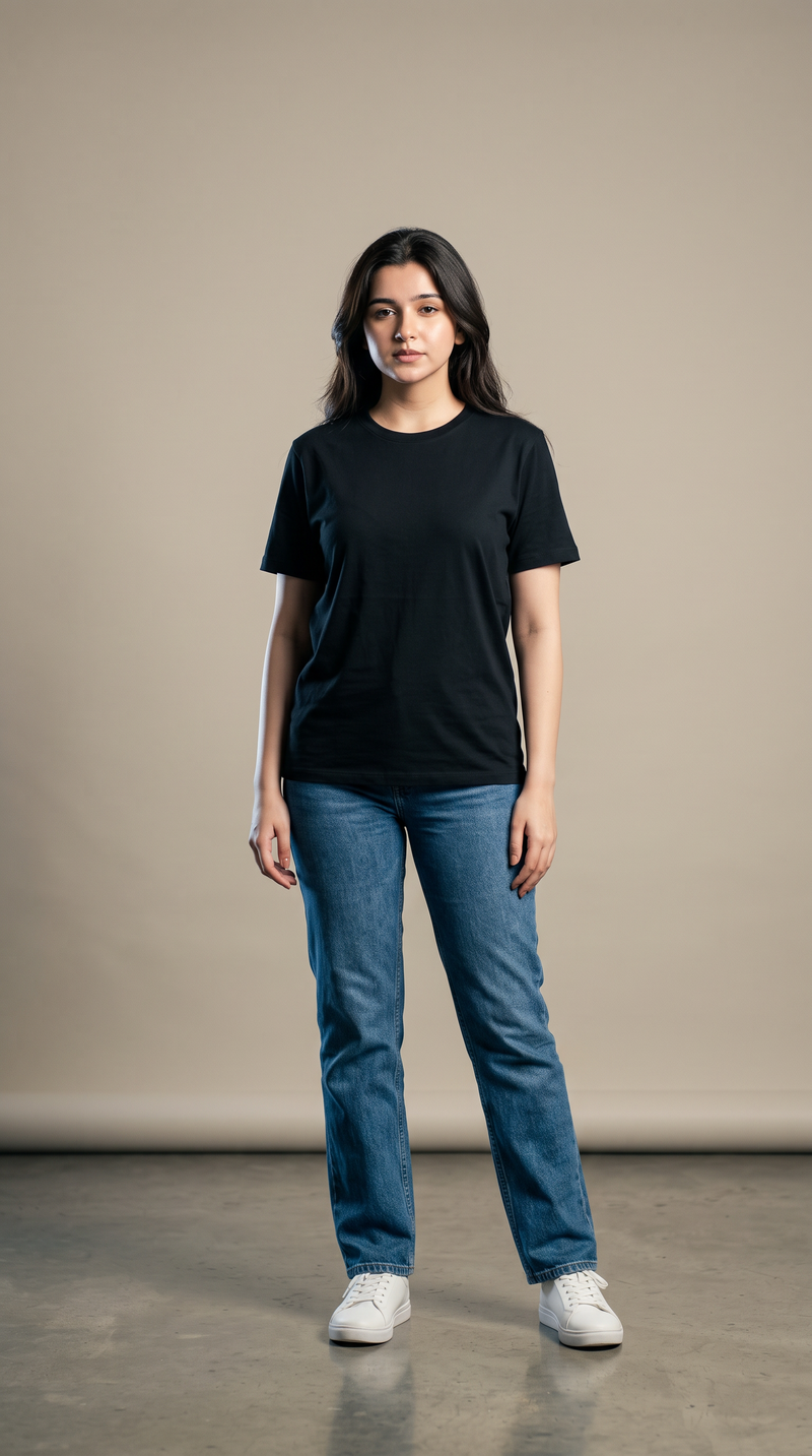 Black Basic T-Shirt for Women – 230 GSM Cotton Sinker Plain Crew Neck Tee