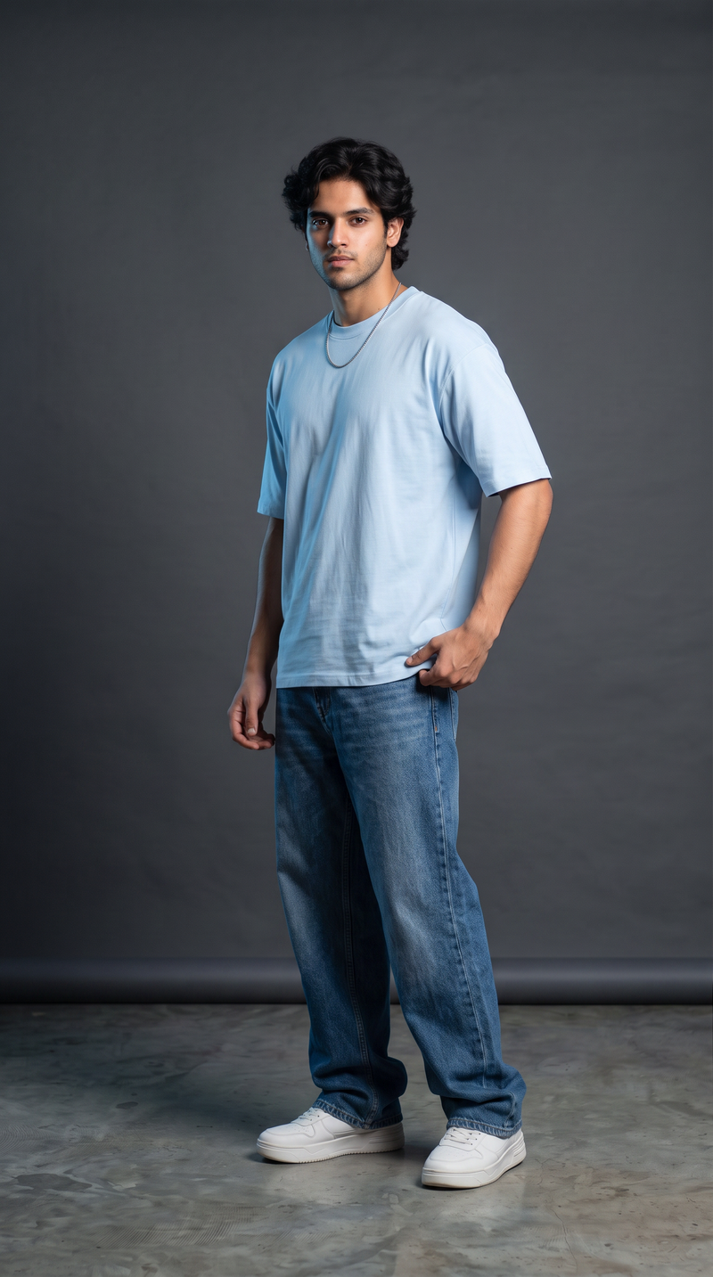 Sky Blue Oversized T-Shirt — 240 GSM Cotton Terry Plain Drop Shoulder Tee