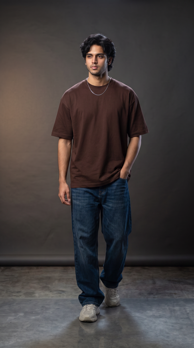 Coffee Brown Oversized T-Shirt — 240 GSM Cotton Terry Plain Drop Shoulder Tee