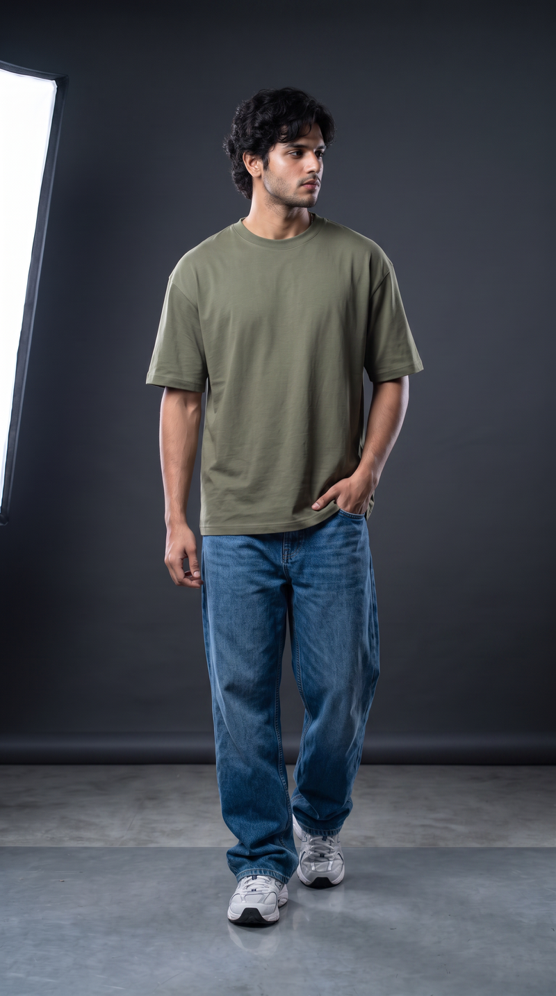 Olive Green Oversized T-Shirt — 240 GSM Cotton Terry Plain Drop Shoulder Tee
