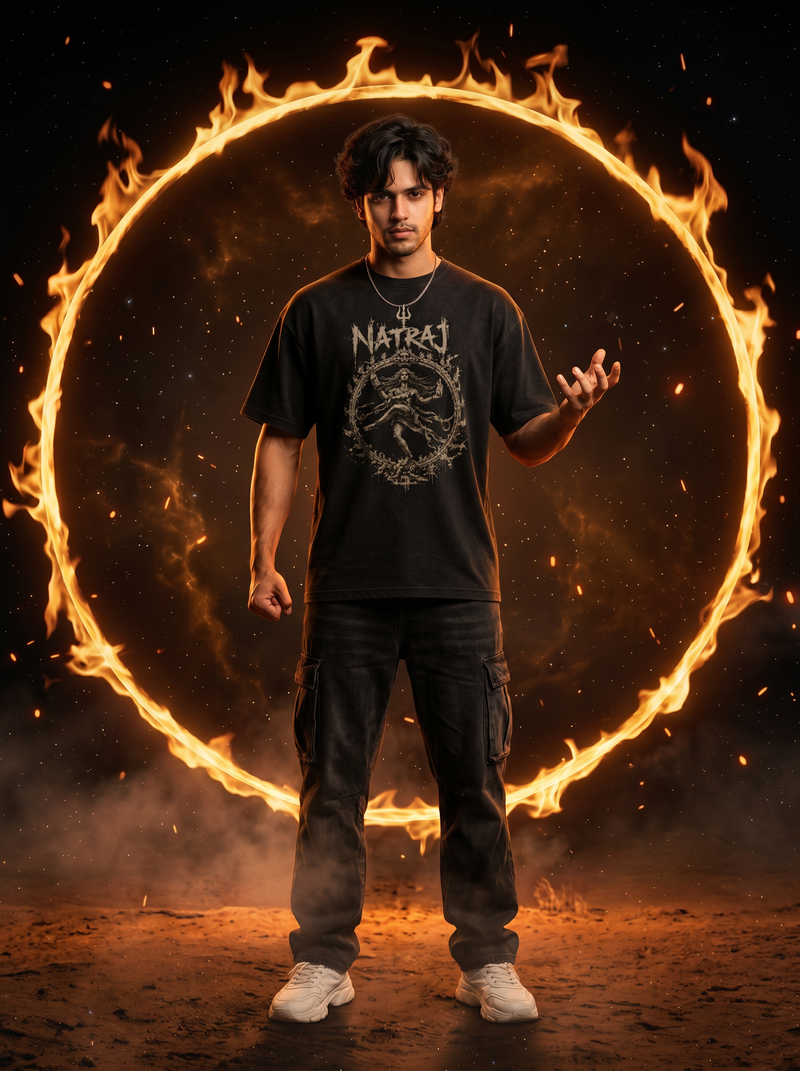 Nataraj Oversized T-Shirt — Washed Black 240 GSM Cotton Terry Shiva Tandava Front Print