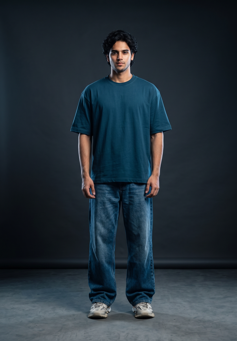 Teal Blue Oversized T-Shirt — 240 GSM Cotton Terry Plain Drop Shoulder Tee