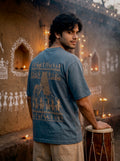 Warli Oversized T-Shirt — Teal Blue 240 GSM Cotton Terry Temple Procession Back Print