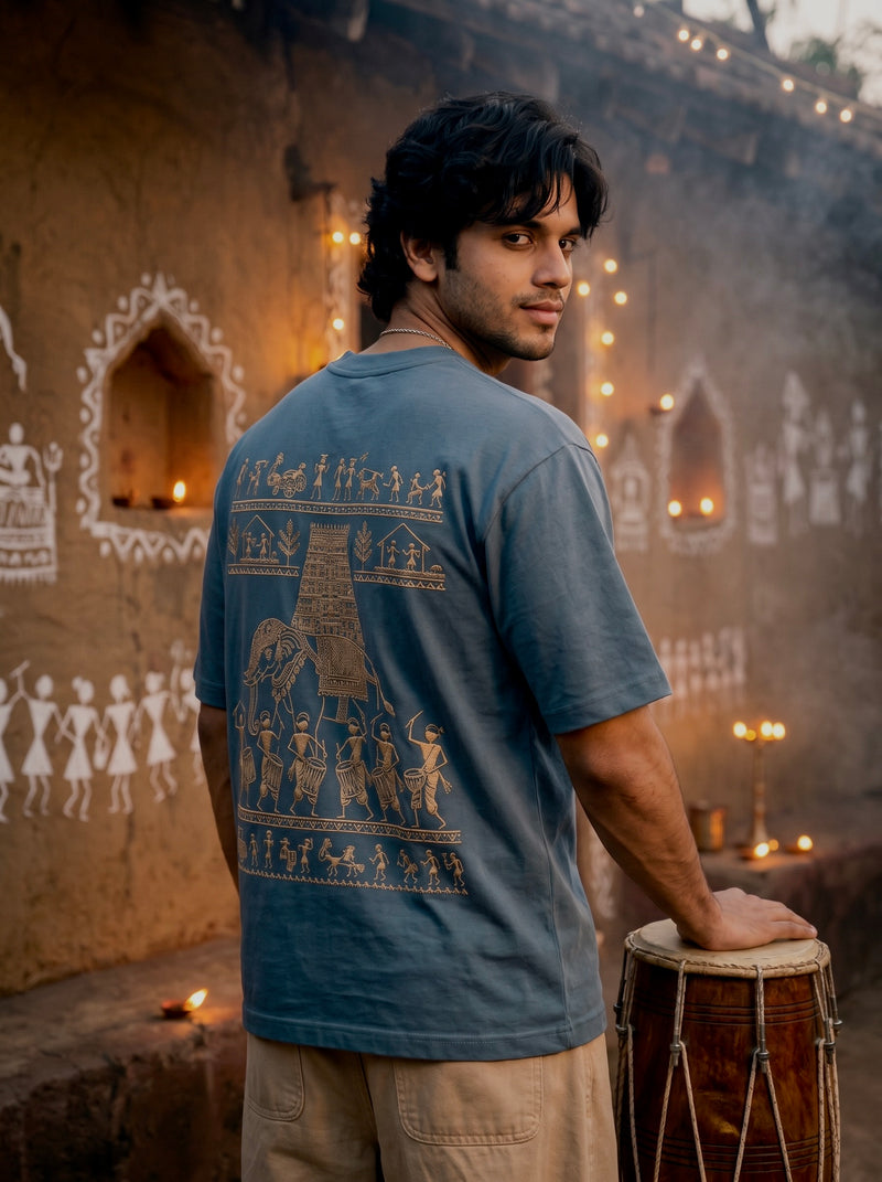 Warli Oversized T-Shirt — Teal Blue 240 GSM Cotton Terry Temple Procession Back Print
