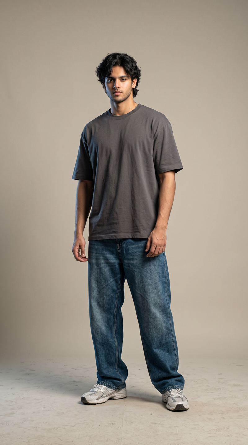 Charcoal Grey Oversized T-Shirt — 240 GSM Cotton Terry Plain Drop Shoulder Tee